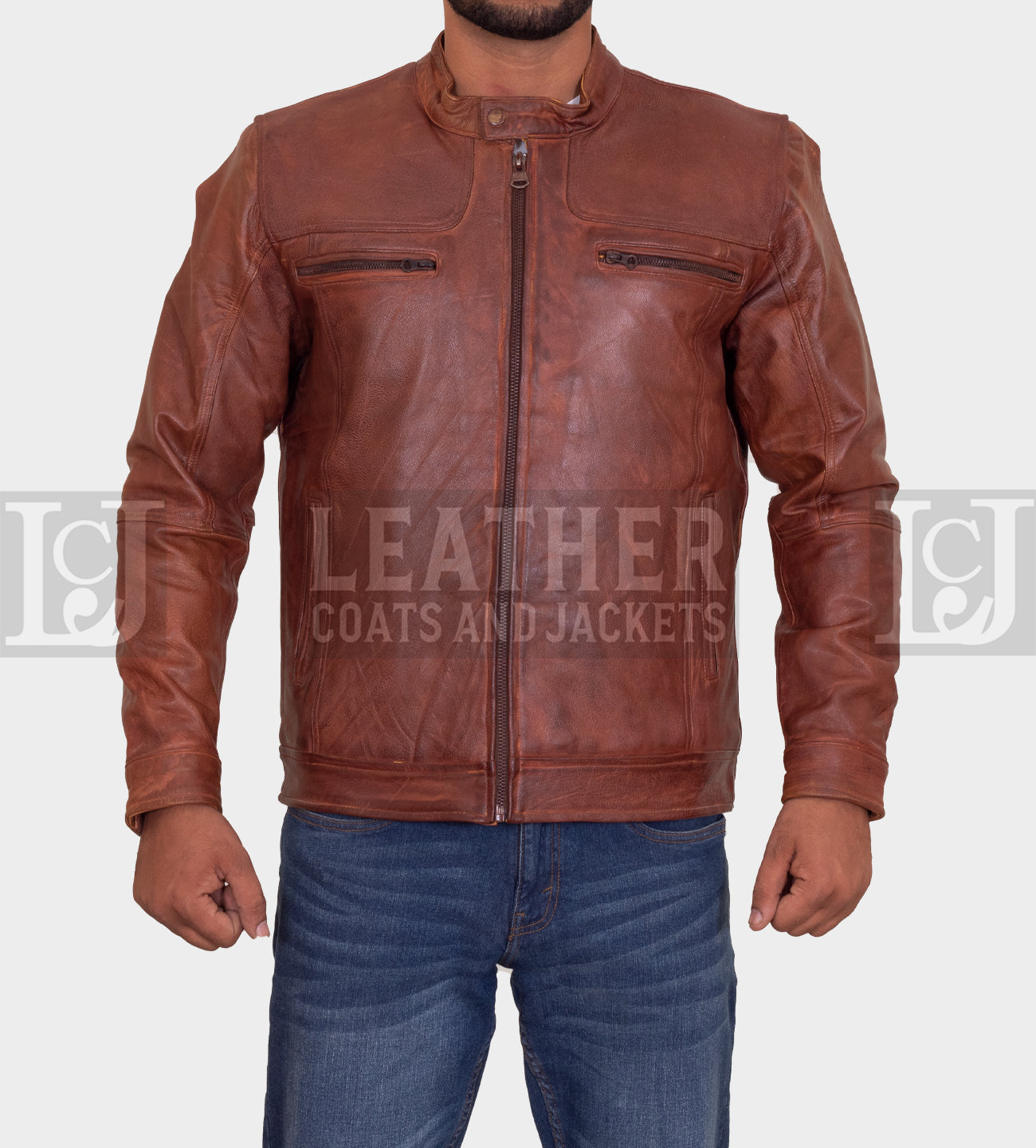 Men's Brown Leather Jacket - Double Chest Zipper Design in Genuine Cowhide