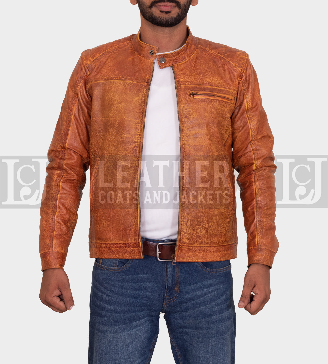 Men's Distressed Vintage Tan Leather Jacket - Stylish Cowhide Design