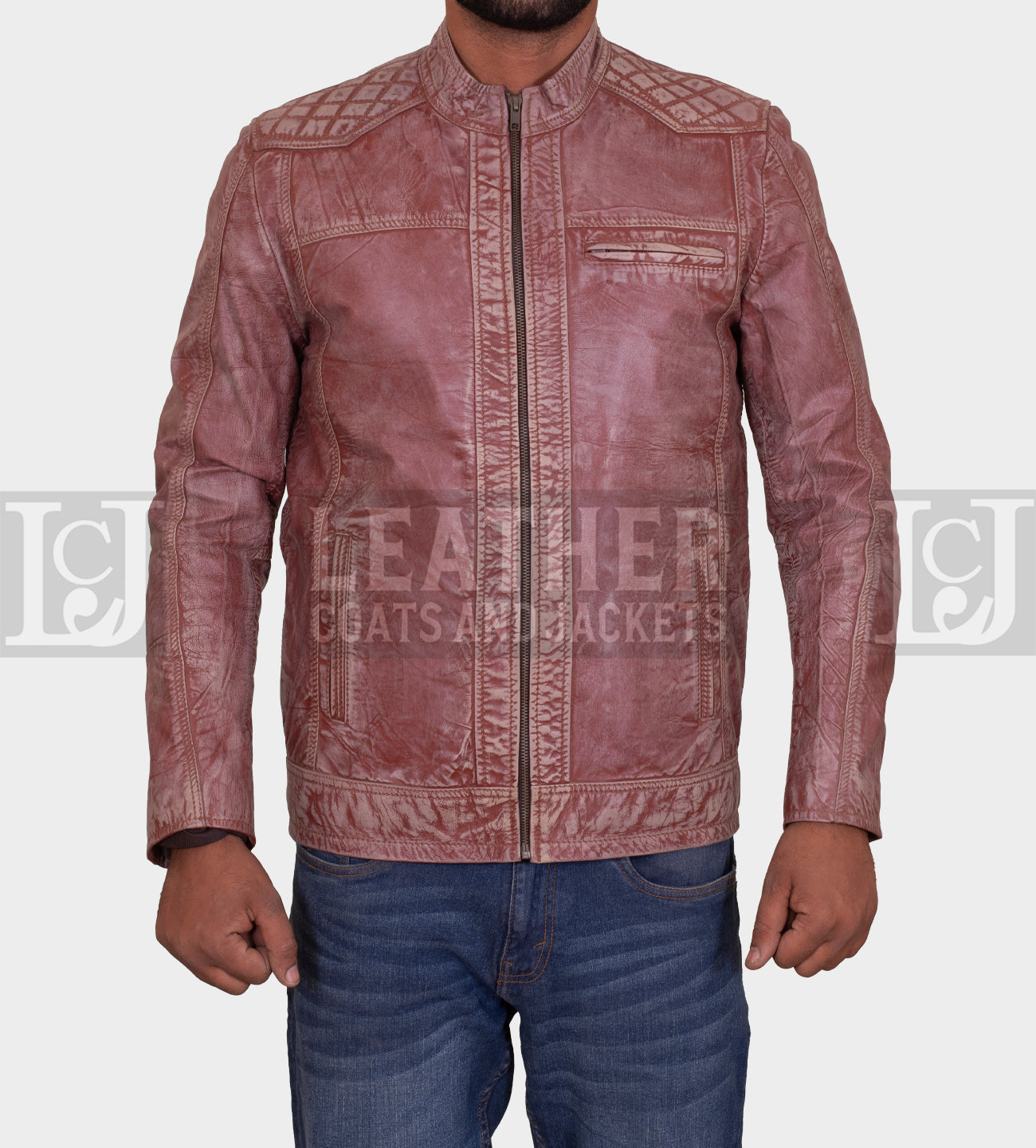 Men's Distressed Brown Leather Jacket with Quilted Detailing