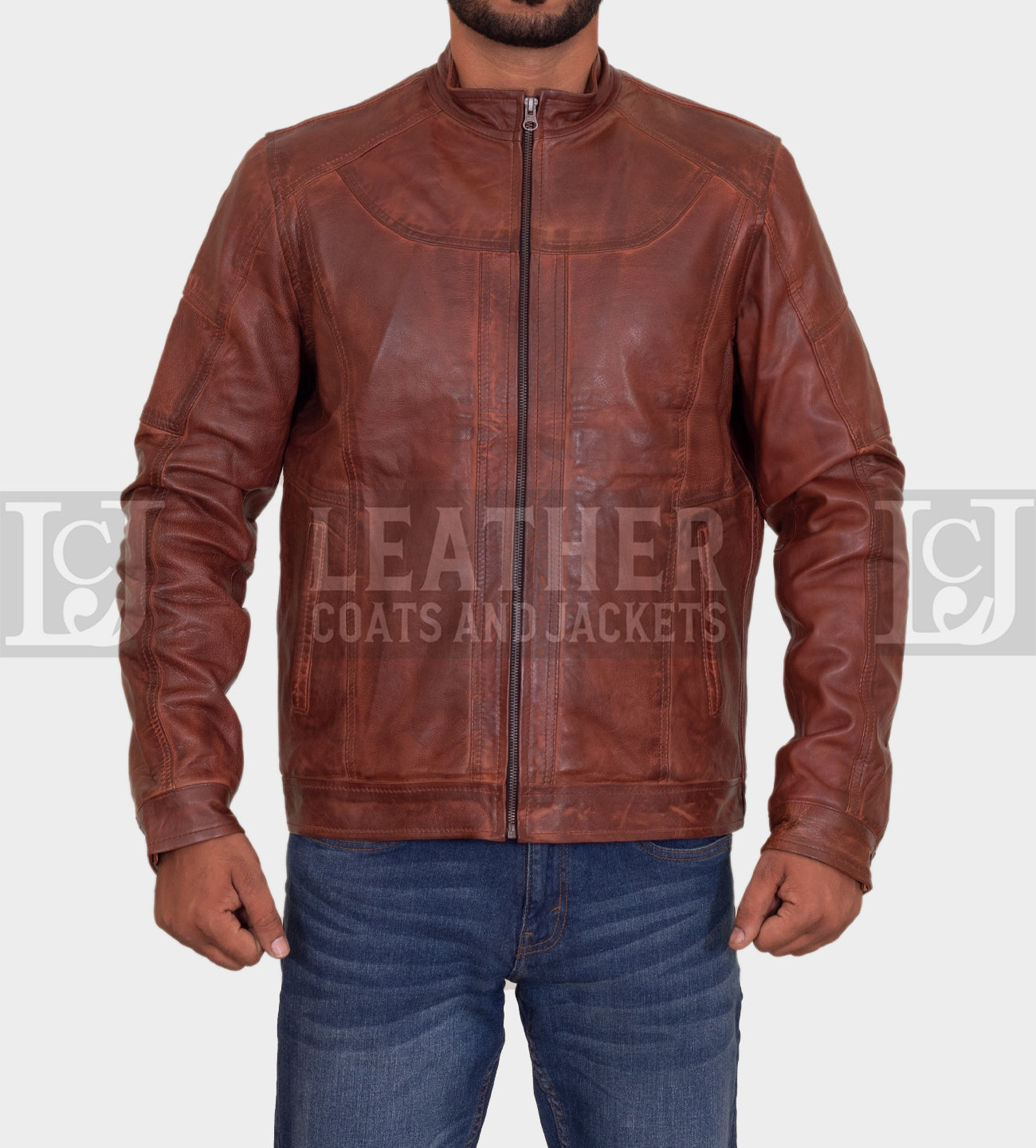 Classic Brown Leather Jacket with Detailed Stitching and YKK Zippers