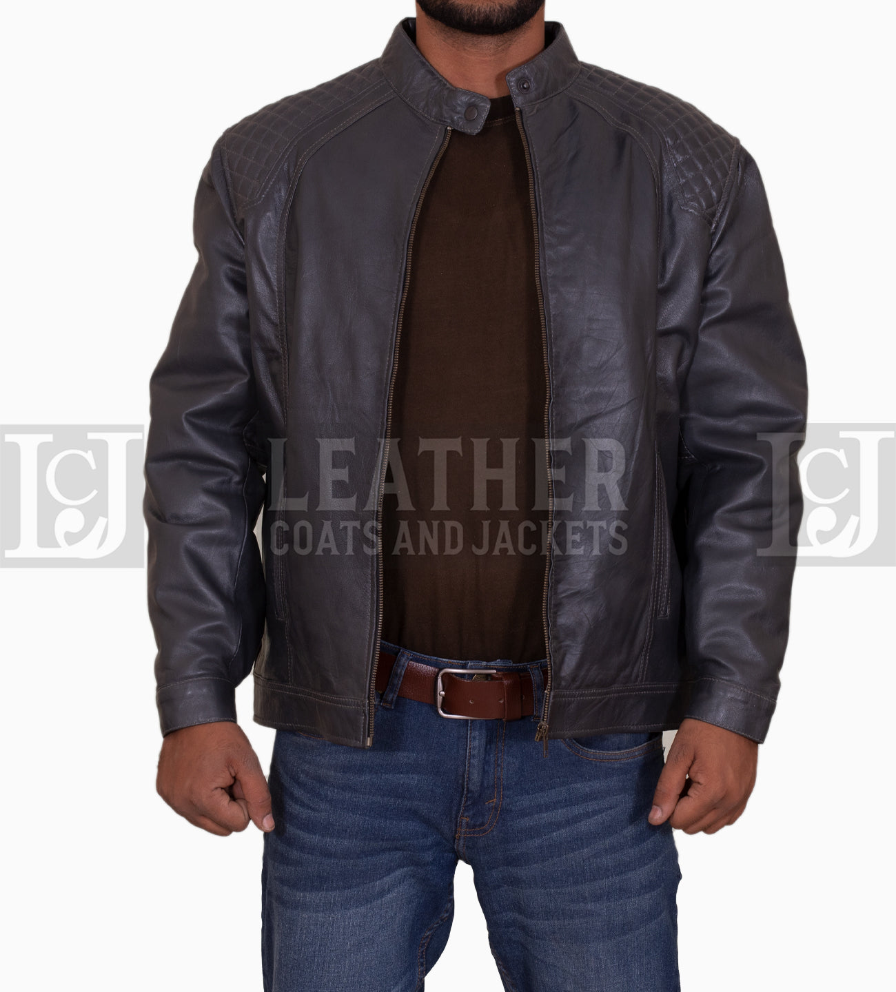 Men's Grey Leather Jacket with Quilted Shoulders and Sleek Design