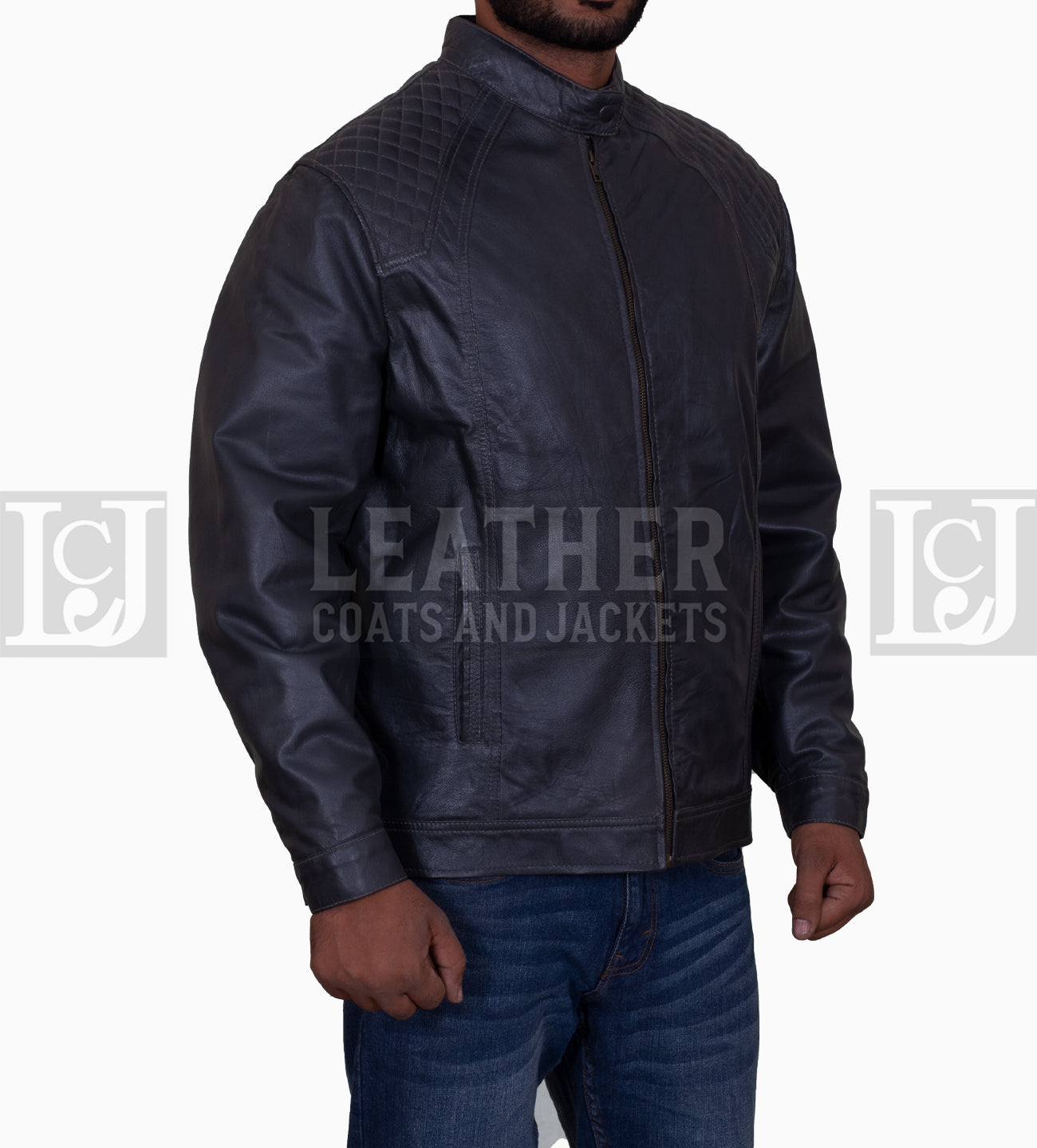 Men's Grey Leather Jacket with Quilted Shoulders and Sleek Design