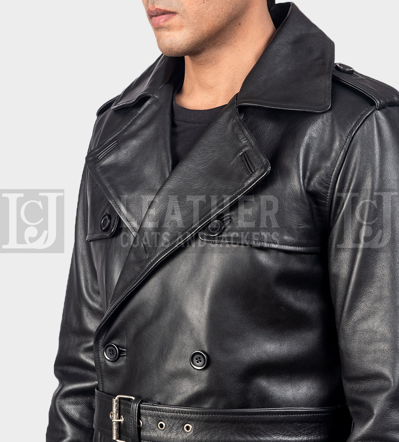 Royson Men's Black Leather Trench Coat with Belt and Epaulettes