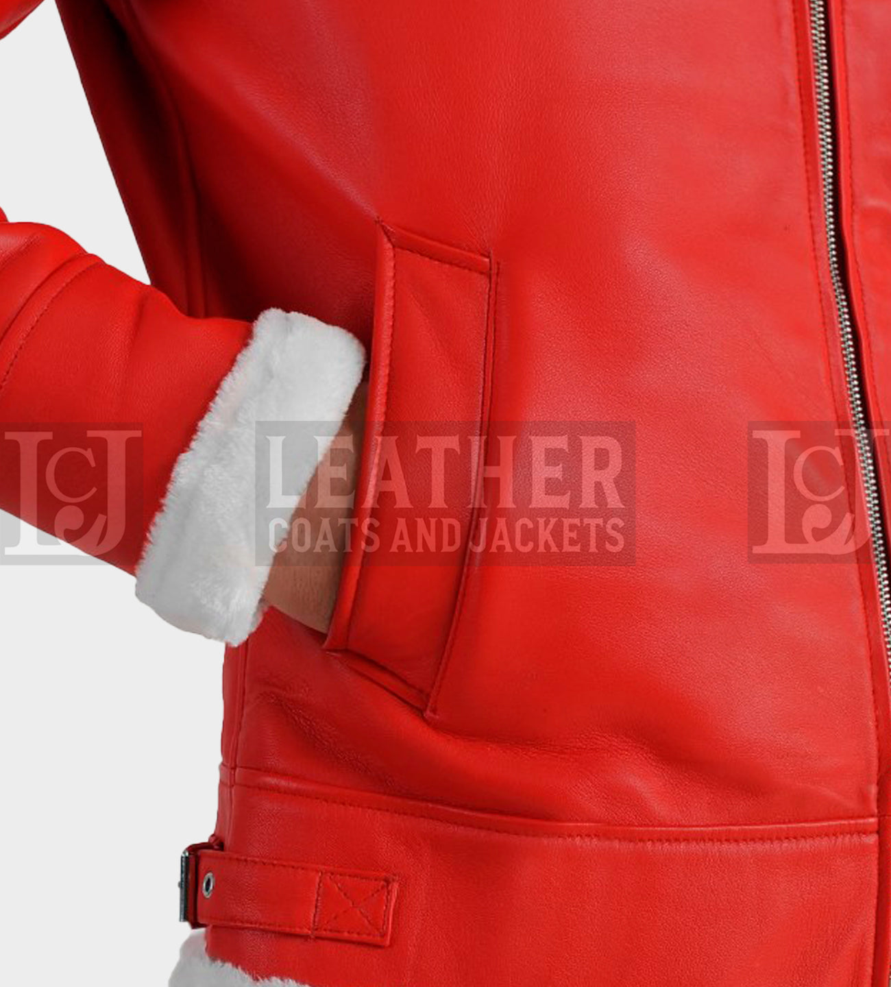 Men's Red Leather Shearling Jacket with White Fur Collar and Cuffs