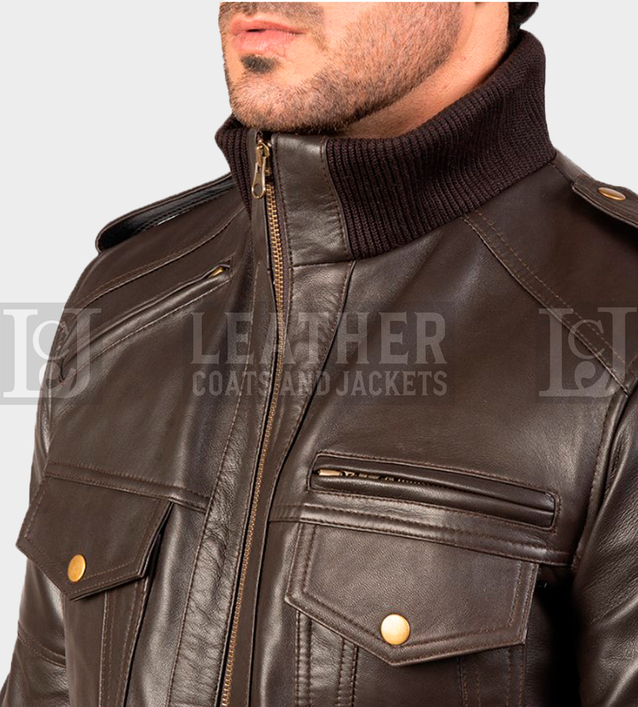 Men's Chocolate Brown Leather Bomber Jacket with Ribbed Collar and Hem