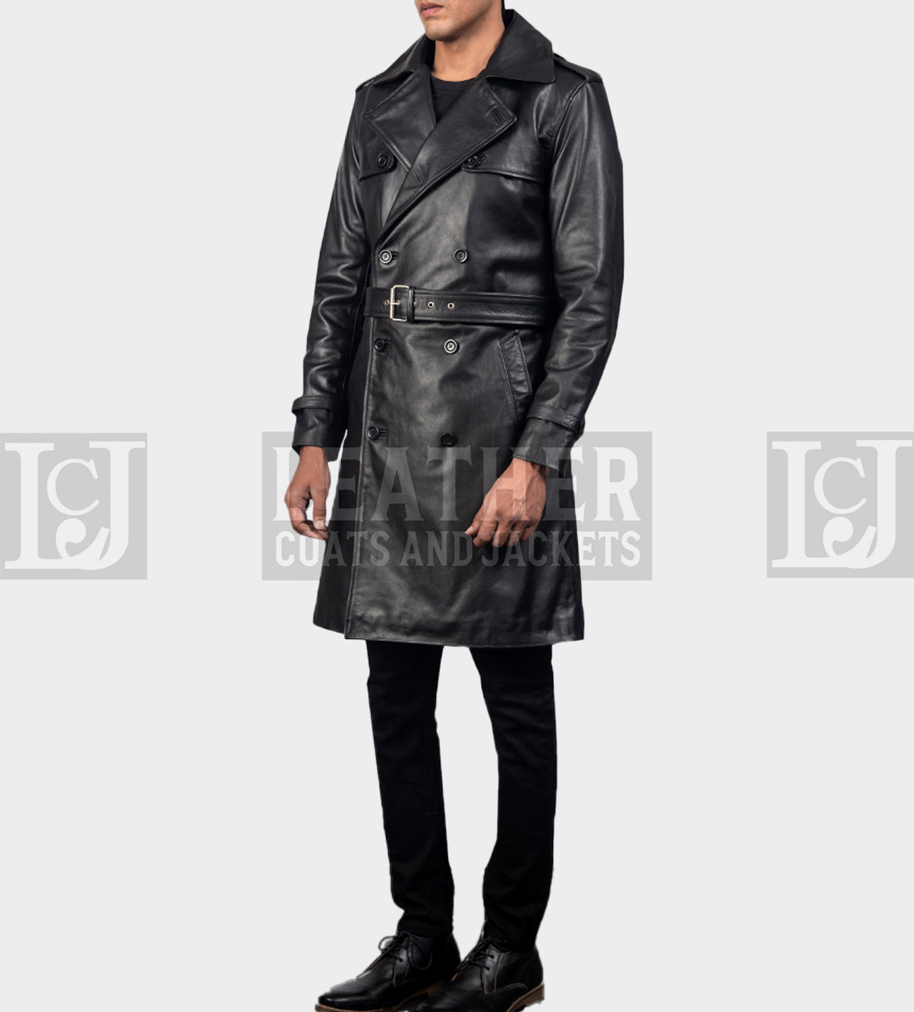 Royson Men's Black Leather Trench Coat with Belt and Epaulettes