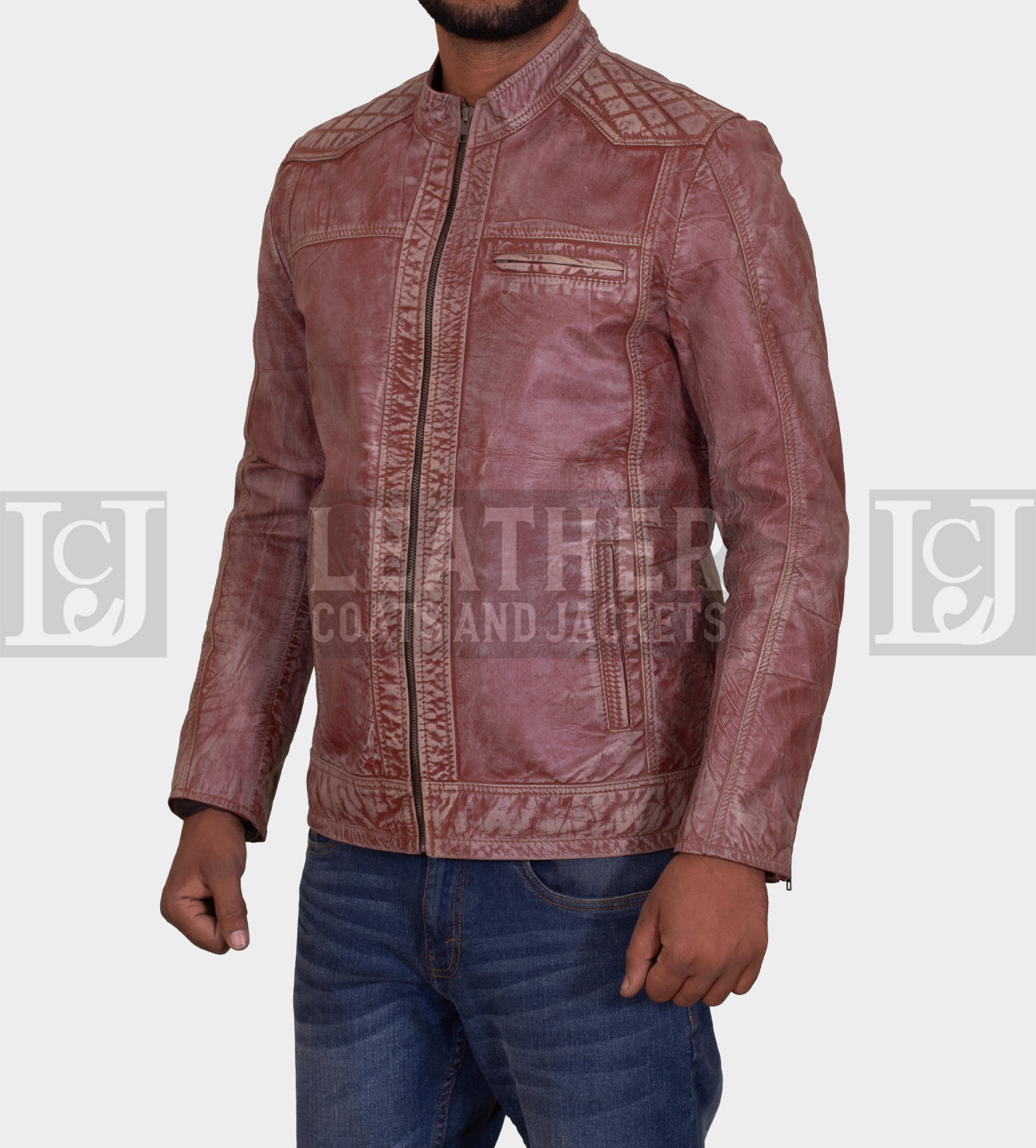 Men's Distressed Brown Leather Jacket with Quilted Detailing