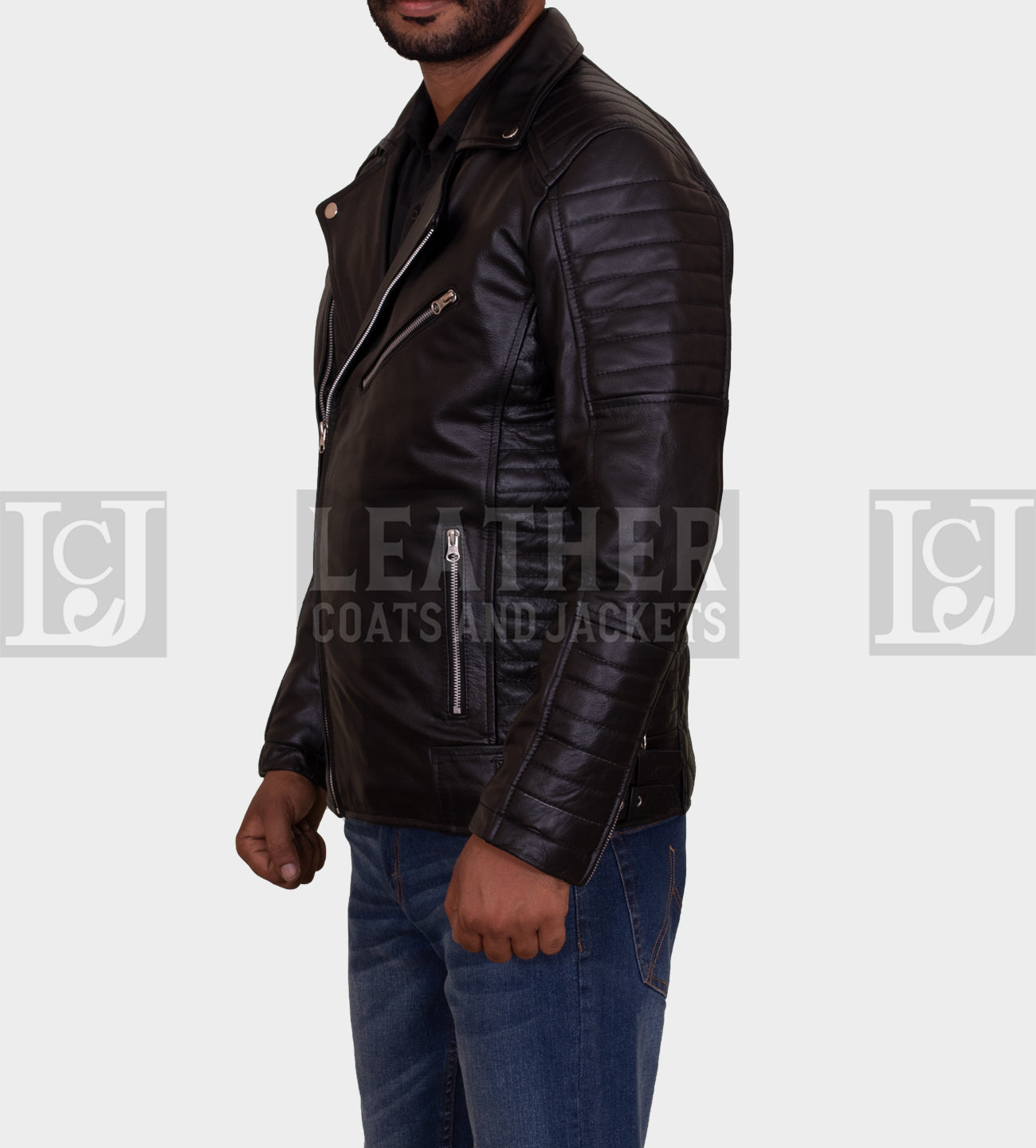 Black Quilted Leather Jacket with Asymmetrical Zipper Design