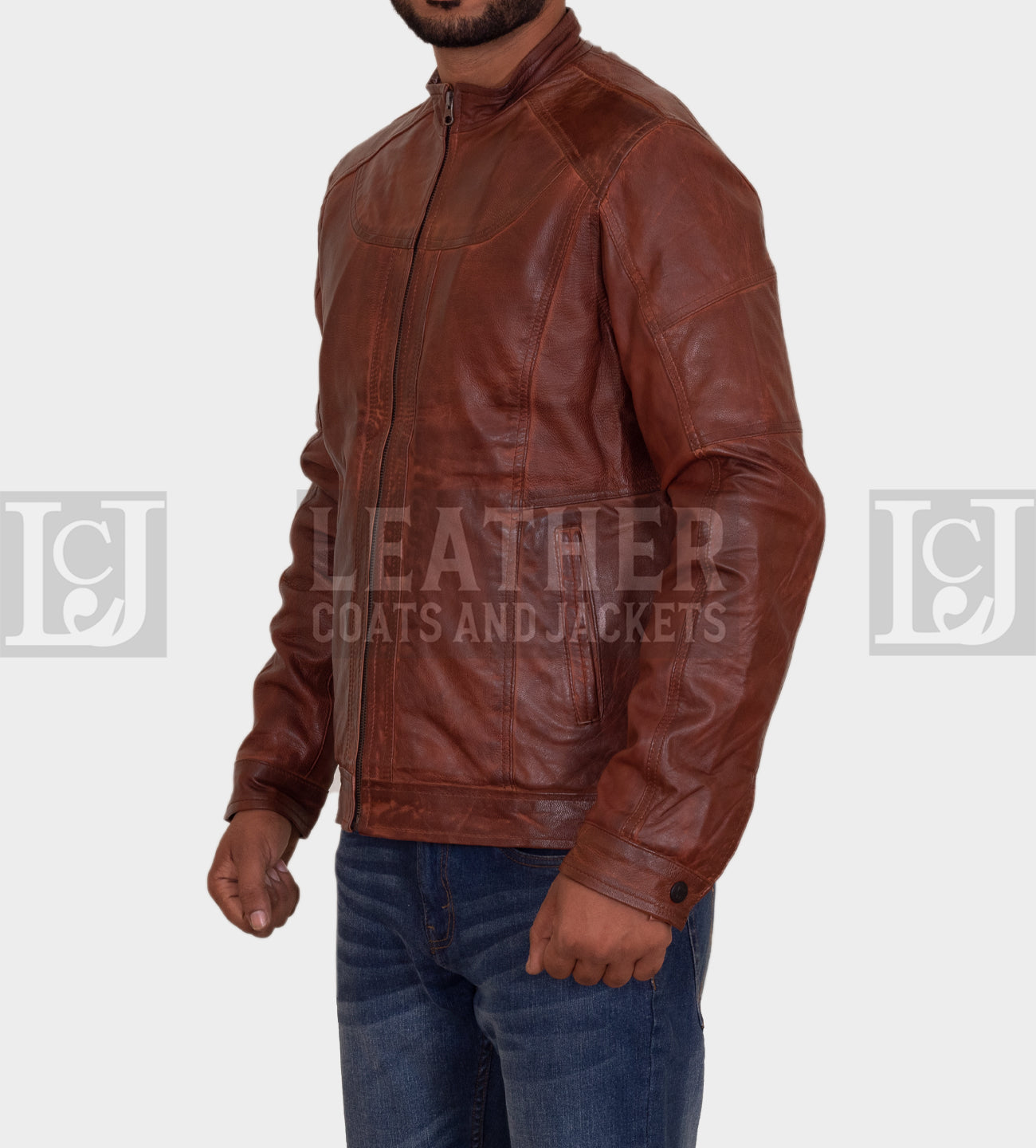 Classic Brown Leather Jacket with Detailed Stitching and YKK Zippers