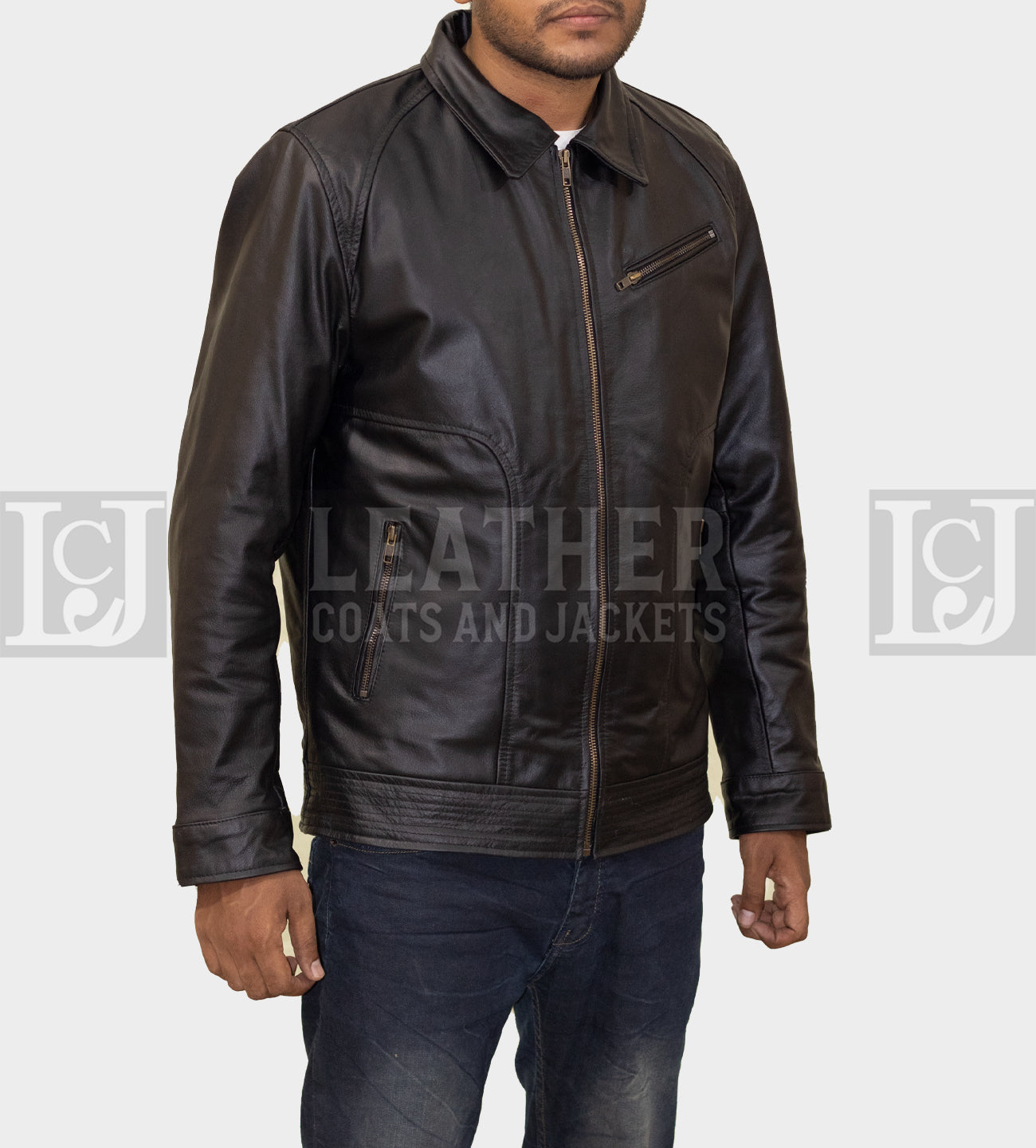 Men's Black Leather Jacket - Classic Collar Style in Genuine Cowhide