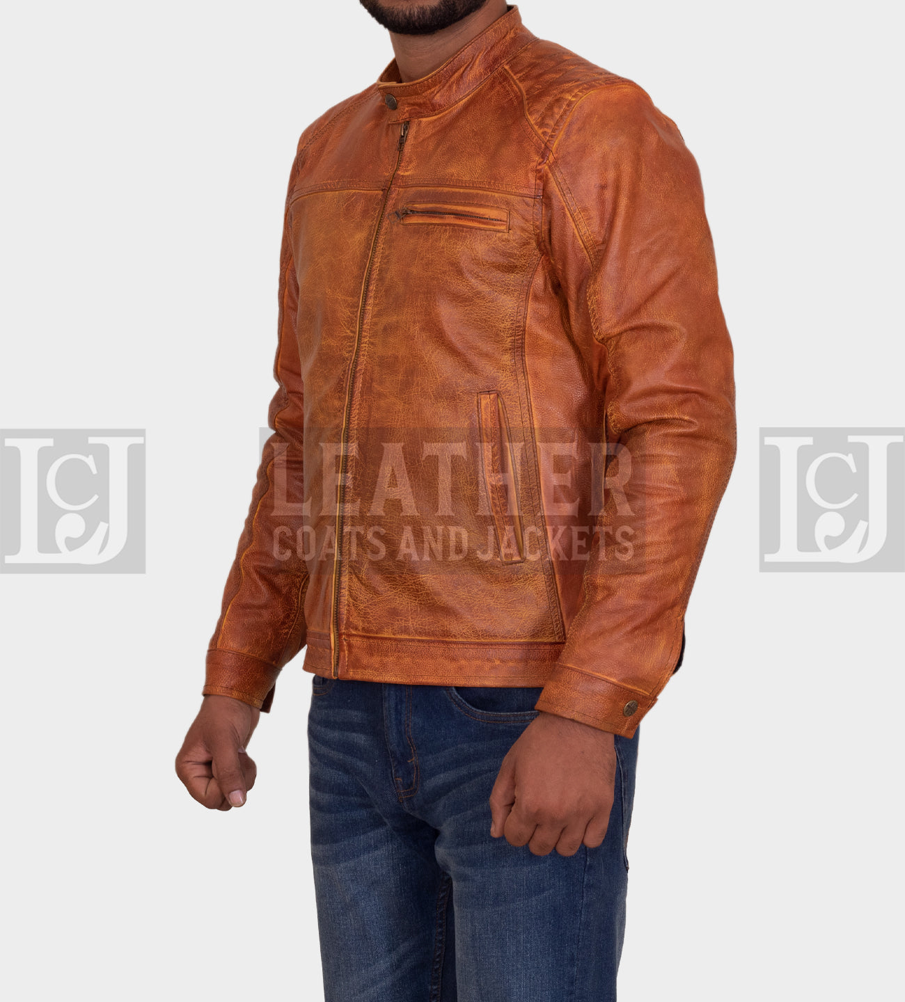 Men's Distressed Vintage Tan Leather Jacket - Stylish Cowhide Design