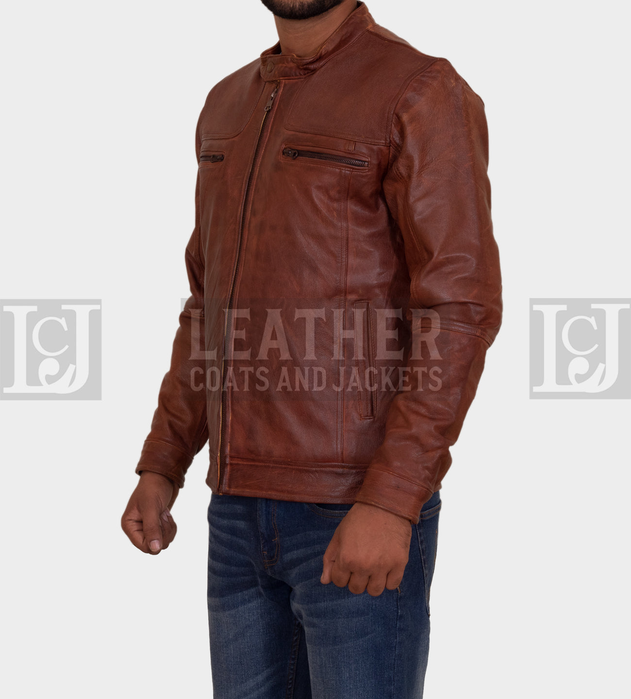 Men's Brown Leather Jacket - Double Chest Zipper Design in Genuine Cowhide