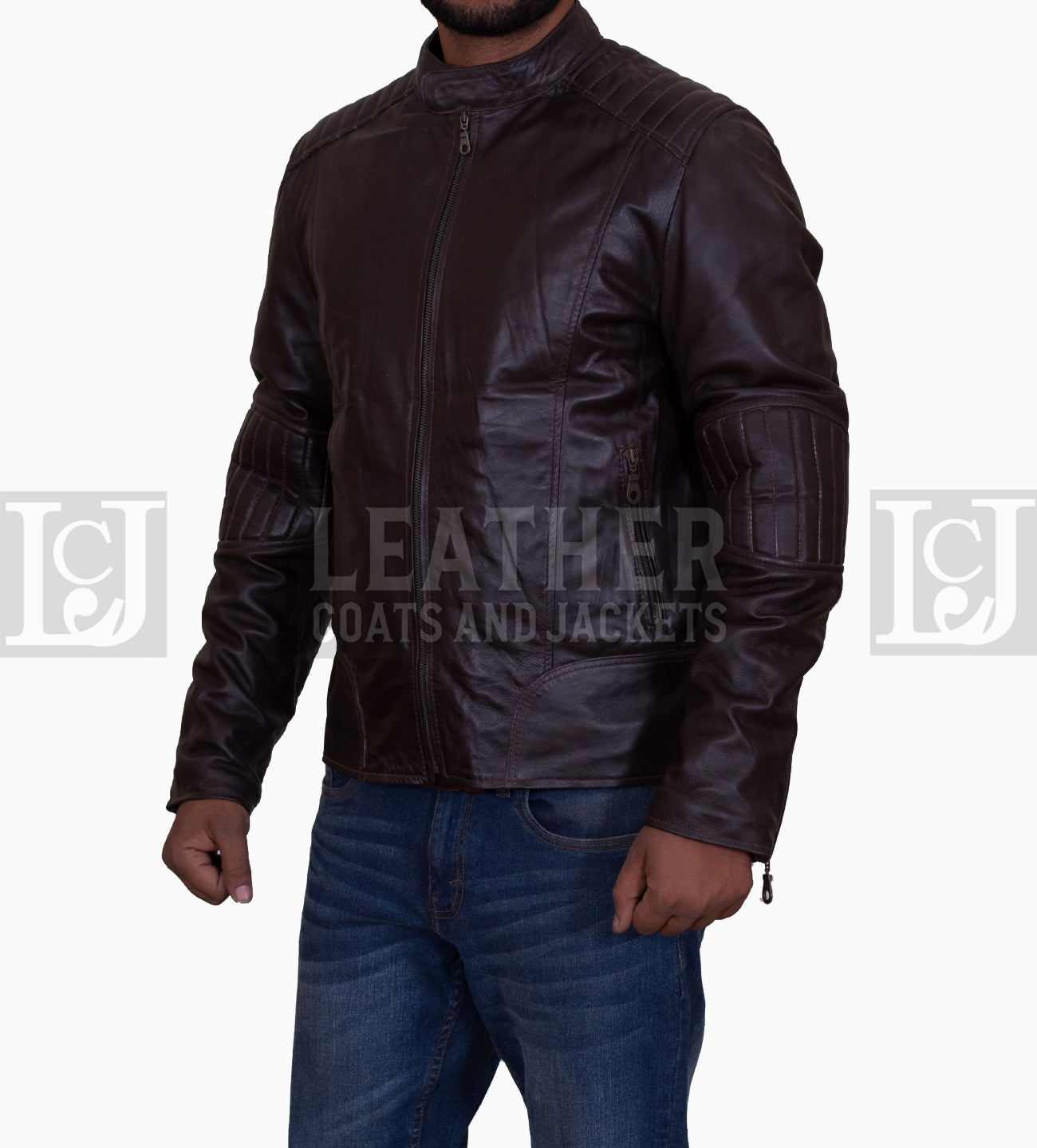 Men's Chocolate Brown Leather Jacket with Padded Sleeves and Quilted Shoulders