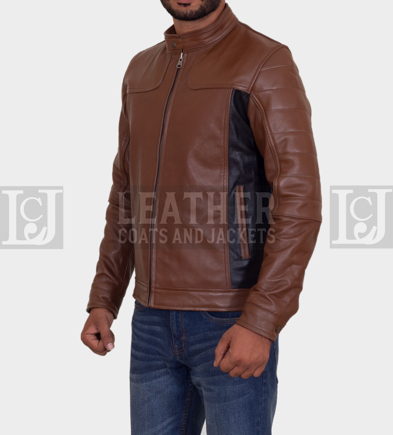 Men's Brown and Black Leather Jacket with Contrast Panels