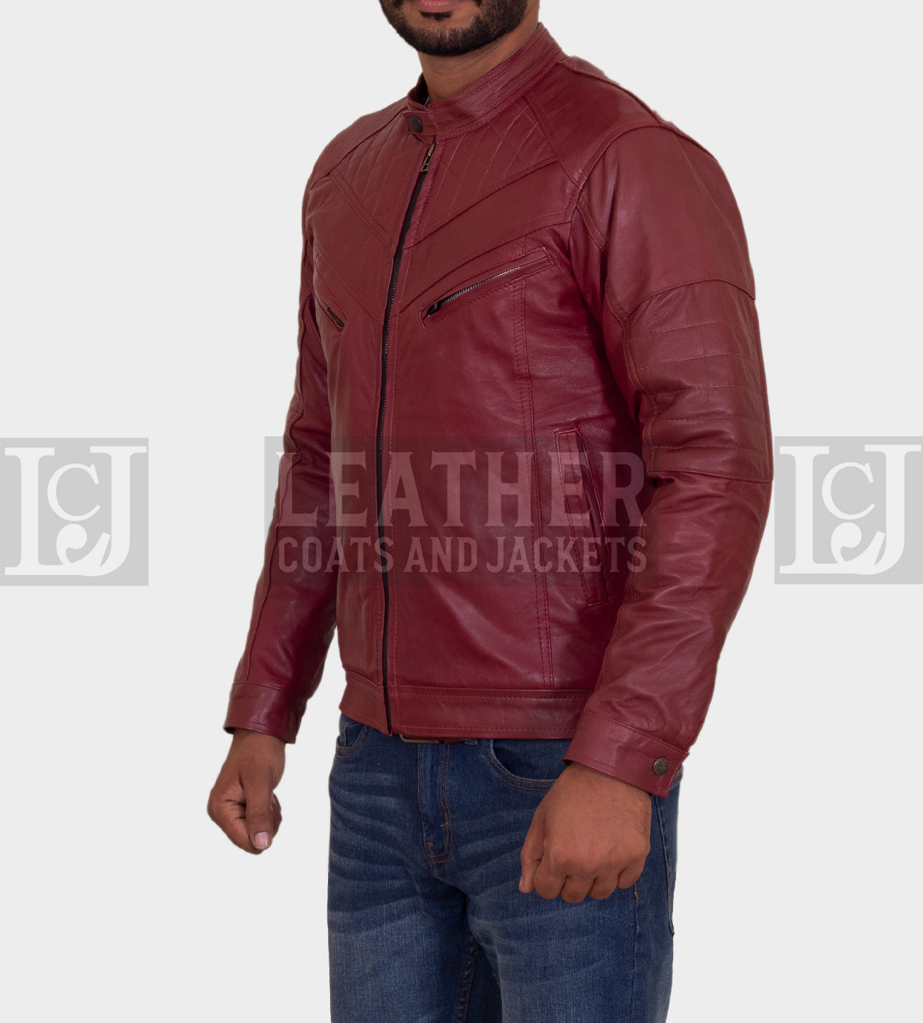 Men's Maroon Quilted Leather Jacket with Snap Collar and Zipper Pockets