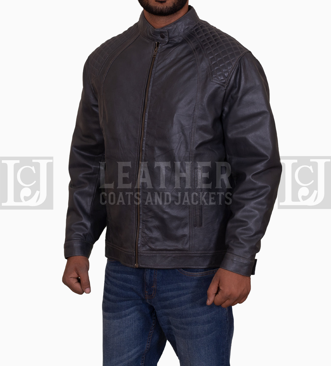 Men's Grey Leather Jacket with Quilted Shoulders and Sleek Design