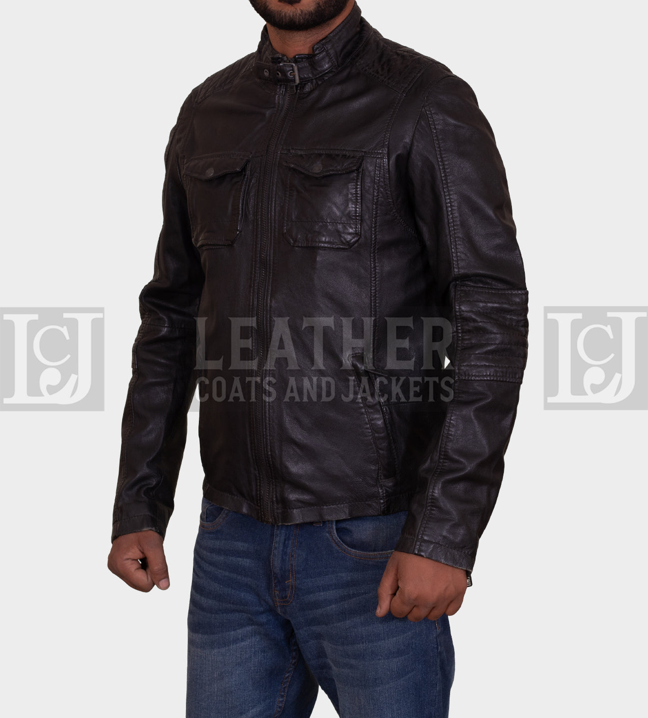 Men's Black Leather Jacket with Buckled Neck Straps and Quilted Detailing