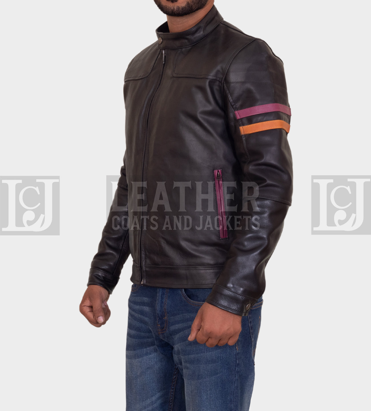 Men's Black Leather Jacket with Maroon & Orange Stripes