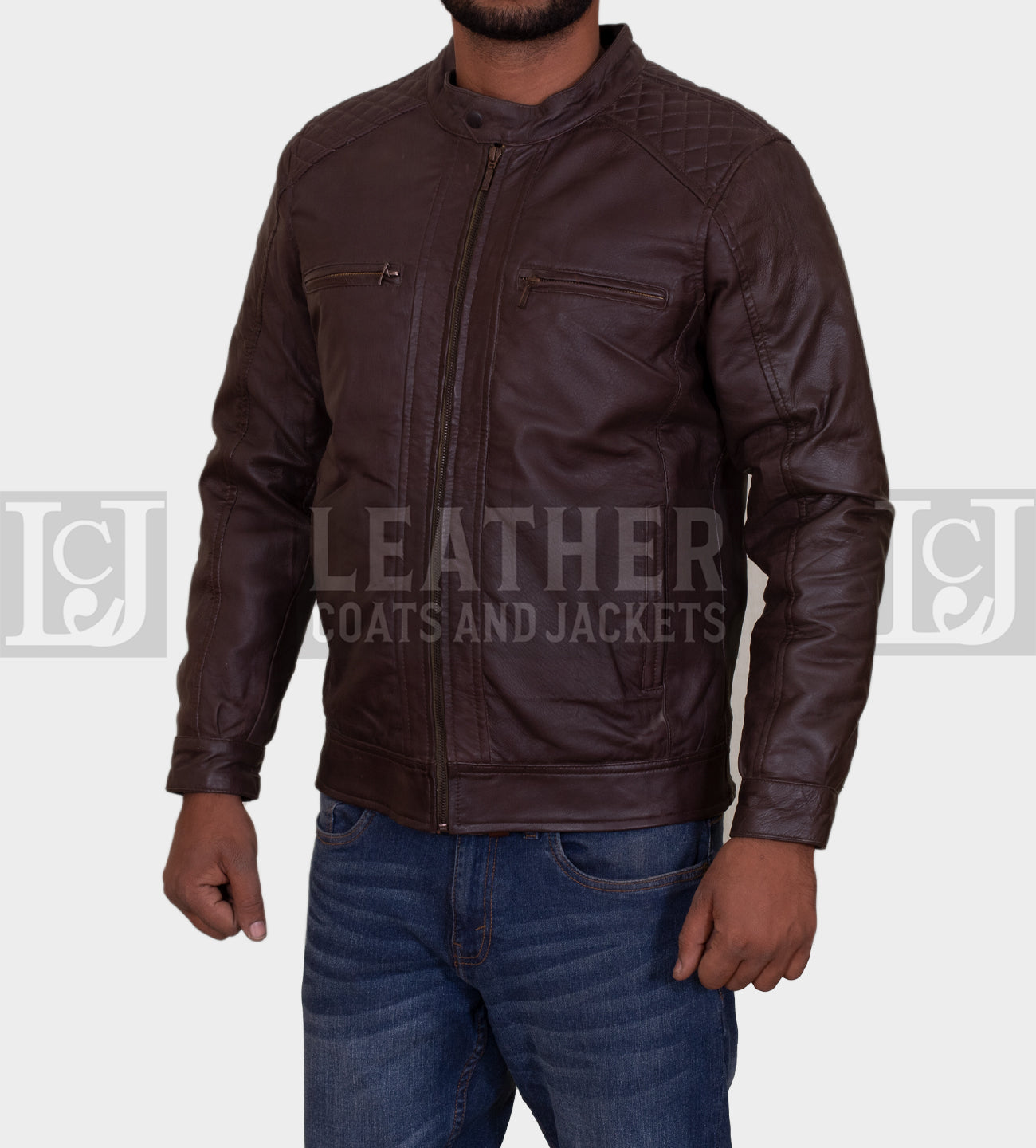 Men's Chocolate Brown Leather Jacket with Quilted Shoulders and Multiple Pockets