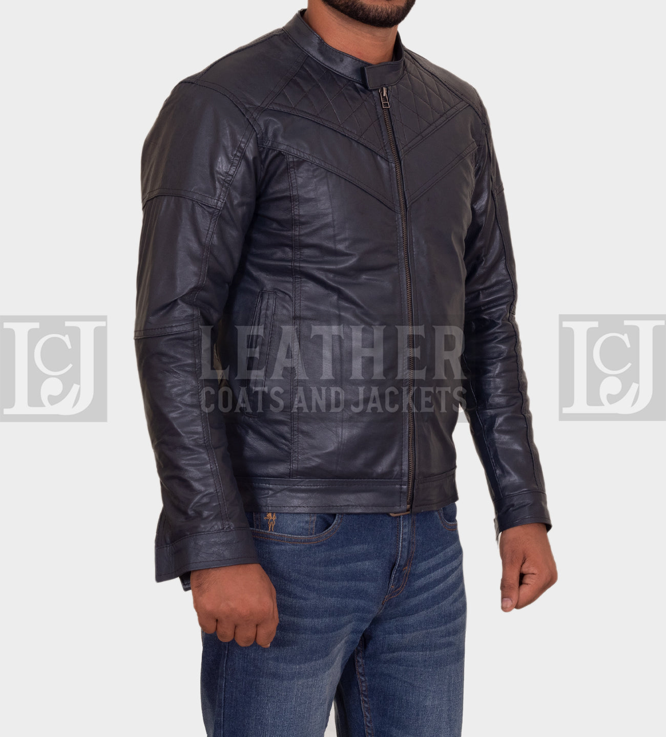 Men’s Navy Blue Slim-Fit Leather Jacket – Modern Quilted Design with Soft Lining