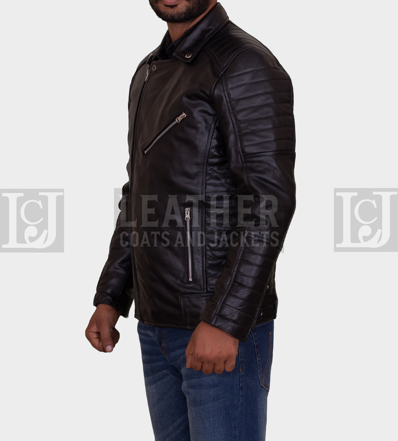 Black Quilted Leather Jacket with Asymmetrical Zipper Design