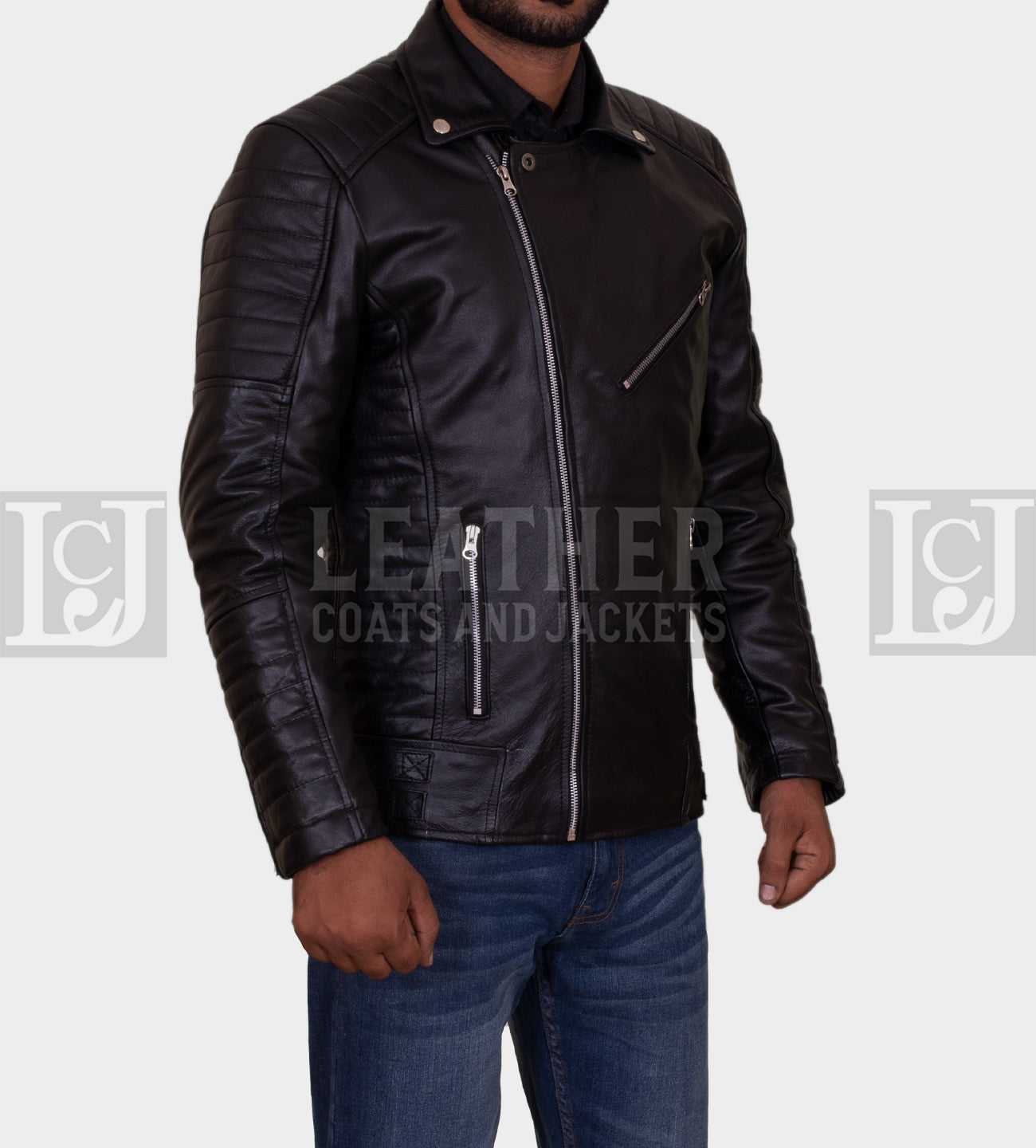 Black Quilted Leather Jacket with Asymmetrical Zipper Design