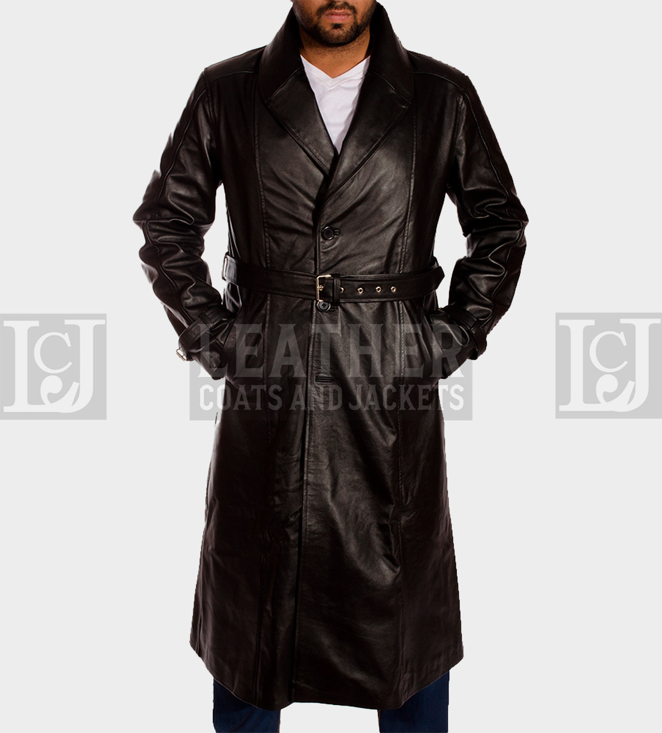 Men's Hooligan Black Leather Trench Coat with Waist Belt