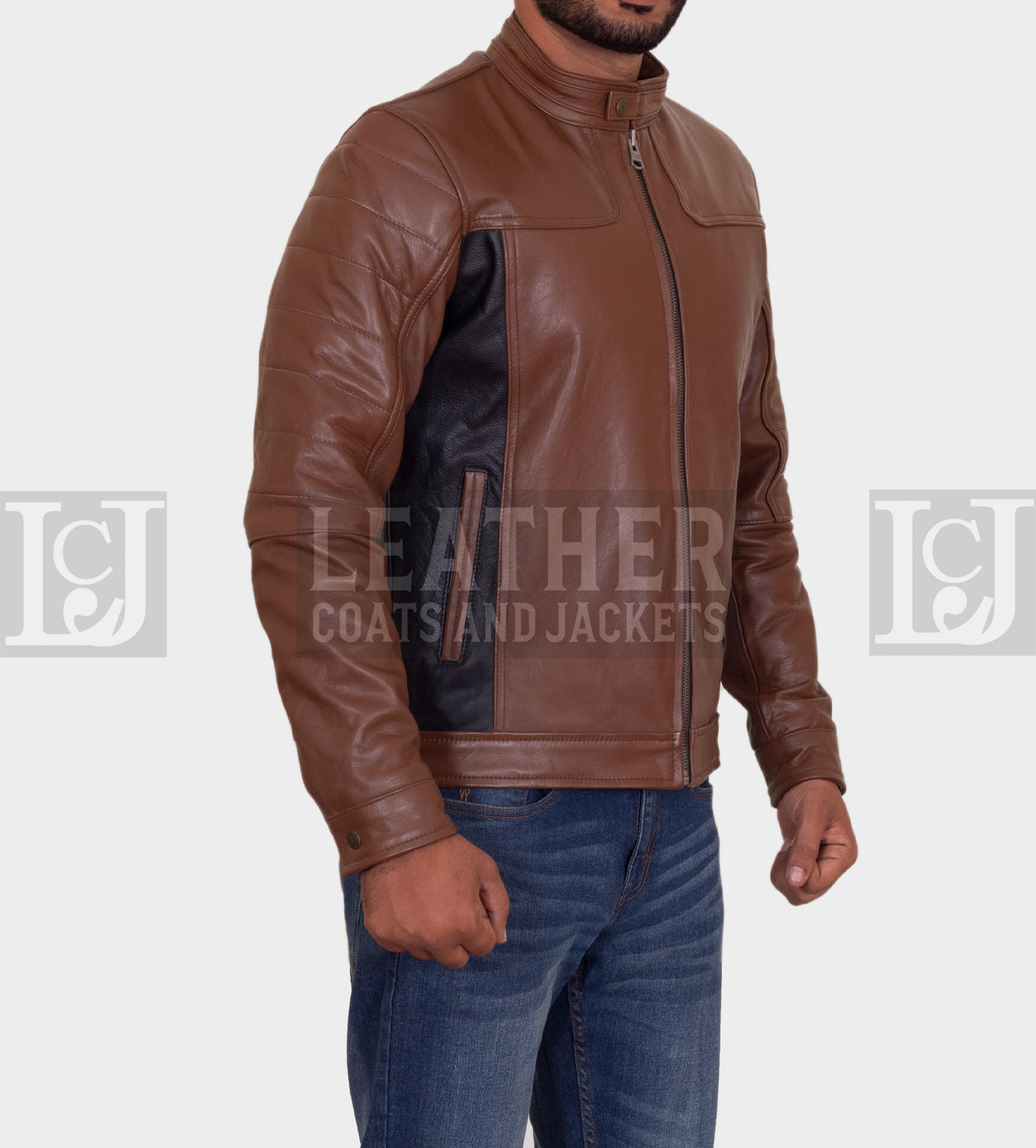 Men's Brown and Black Leather Jacket with Contrast Panels