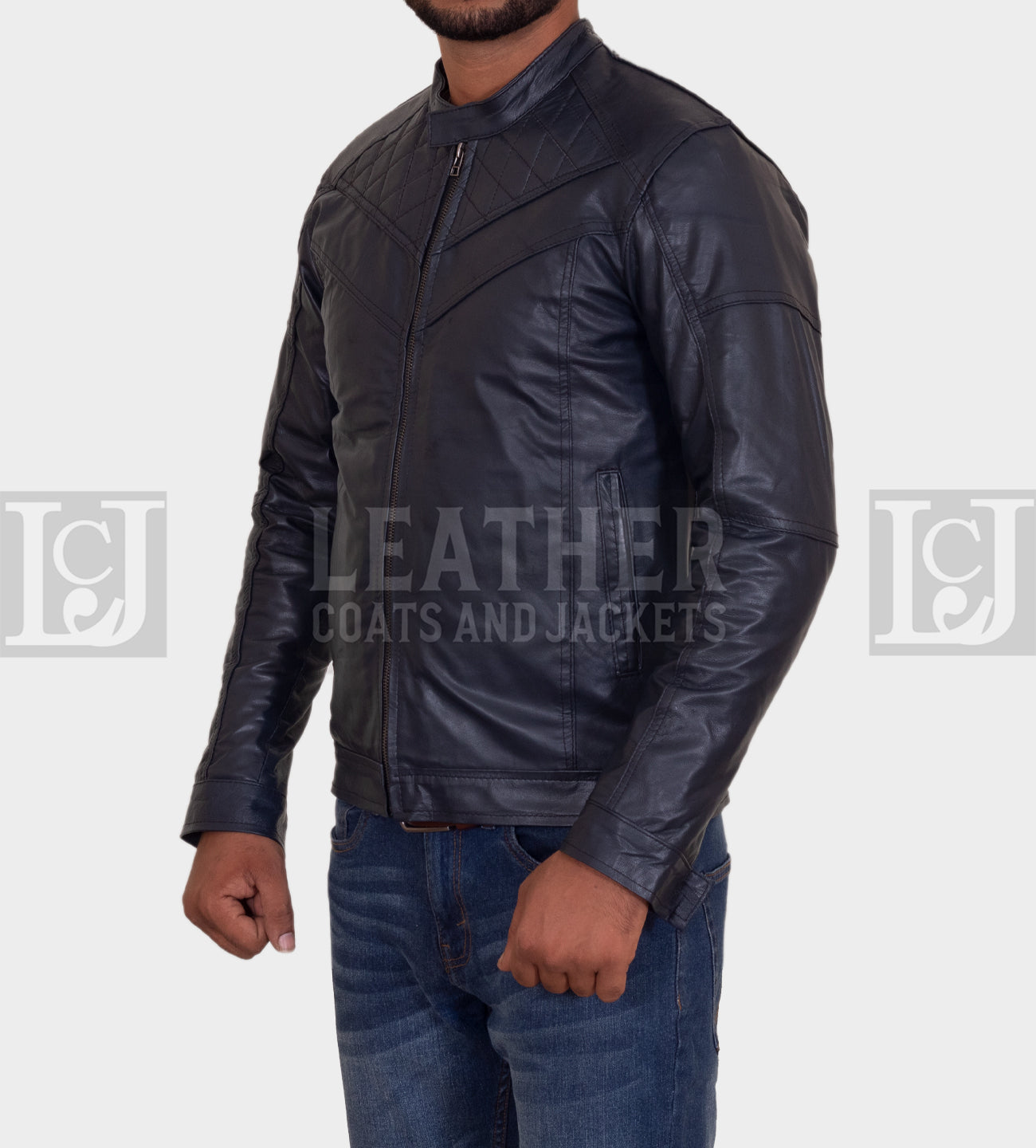 Men’s Navy Blue Slim-Fit Leather Jacket – Modern Quilted Design with Soft Lining