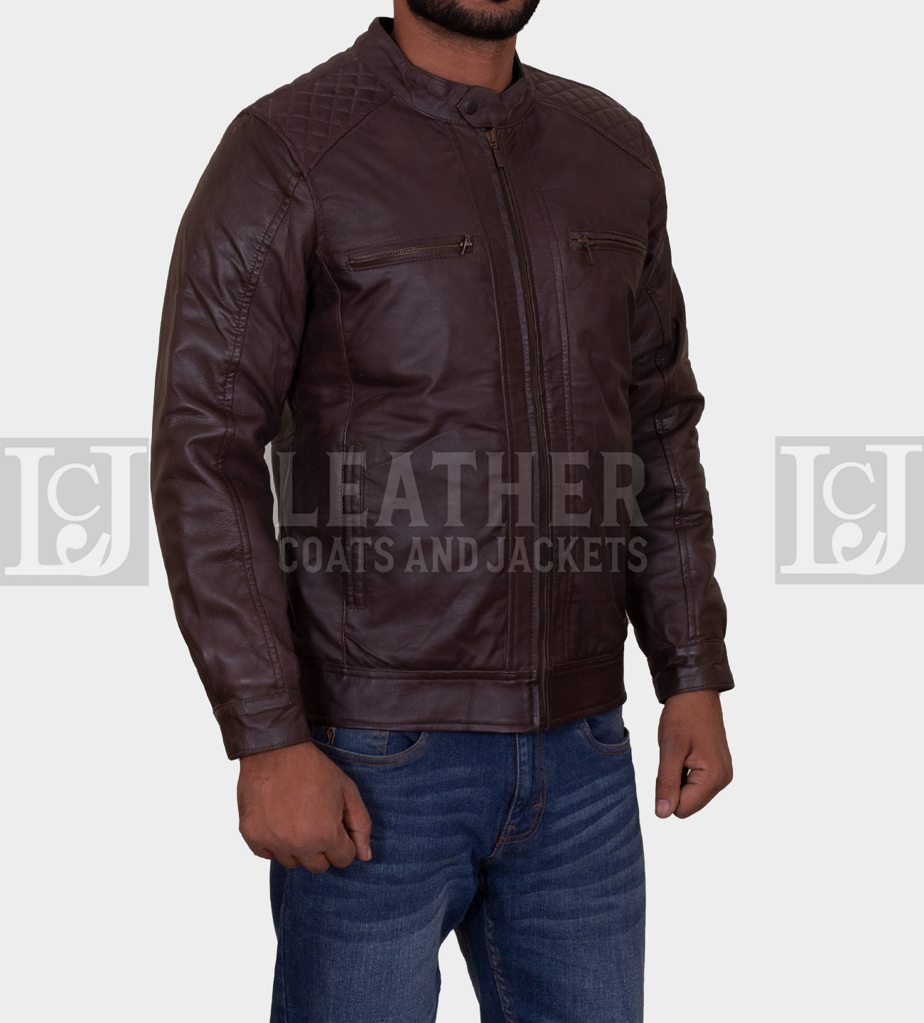 Men's Chocolate Brown Leather Jacket with Quilted Shoulders and Multiple Pockets