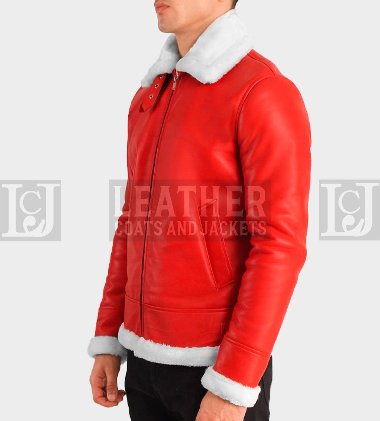 Men's Red Leather Shearling Jacket with White Fur Collar and Cuffs