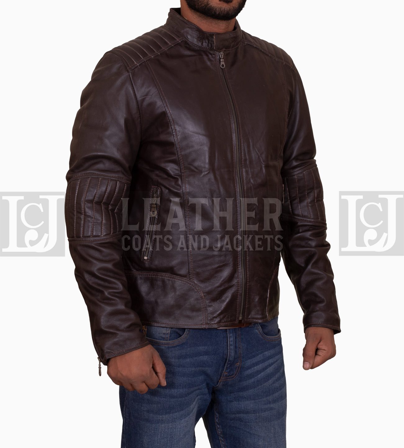 Men's Chocolate Brown Leather Jacket with Padded Sleeves and Quilted Shoulders