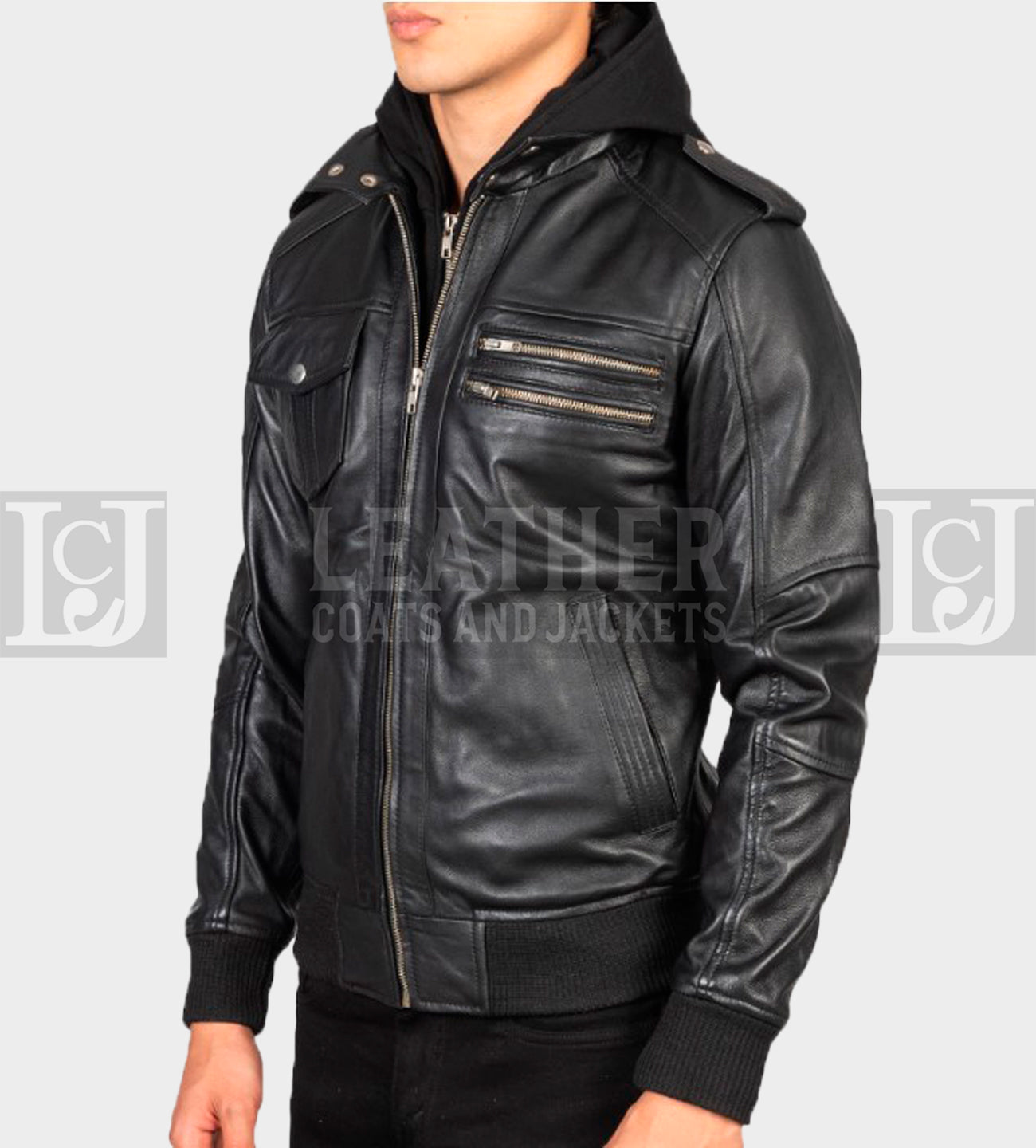 Men's Black Leather Bomber Jacket with Hood and Ribbed Hem