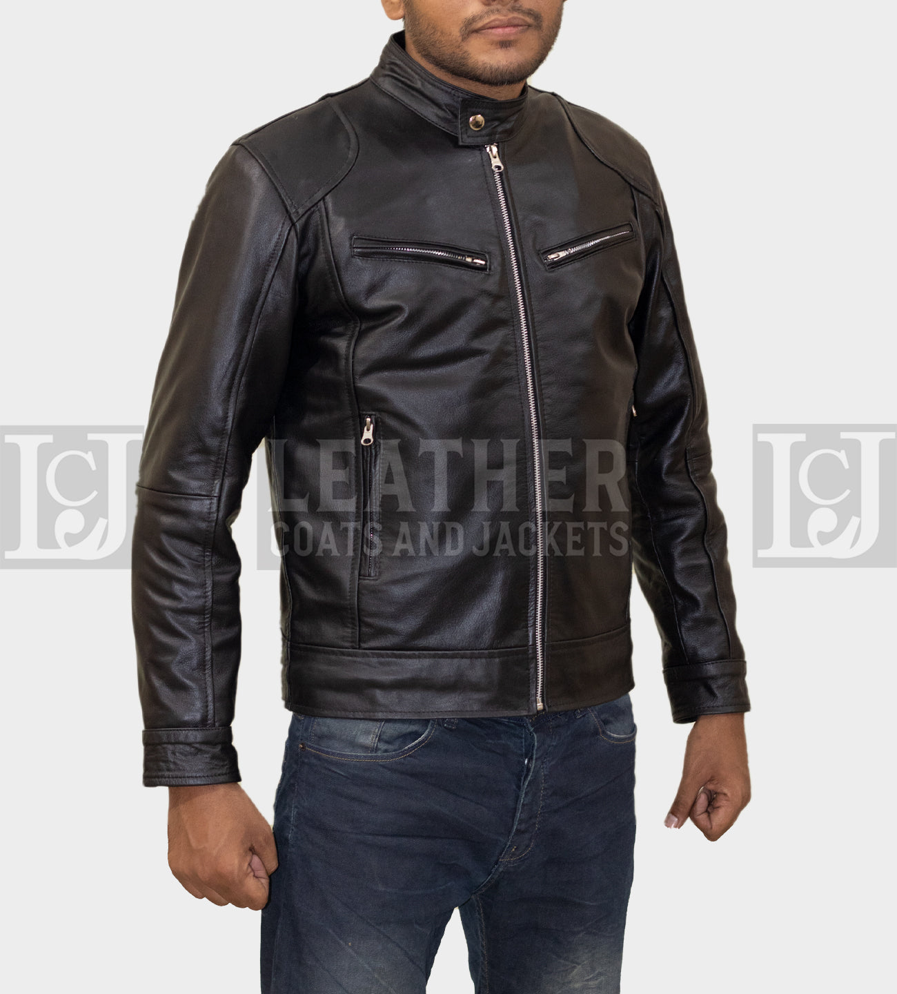 Men's Black Leather Jacket - Sleek Design with Zipper Accents