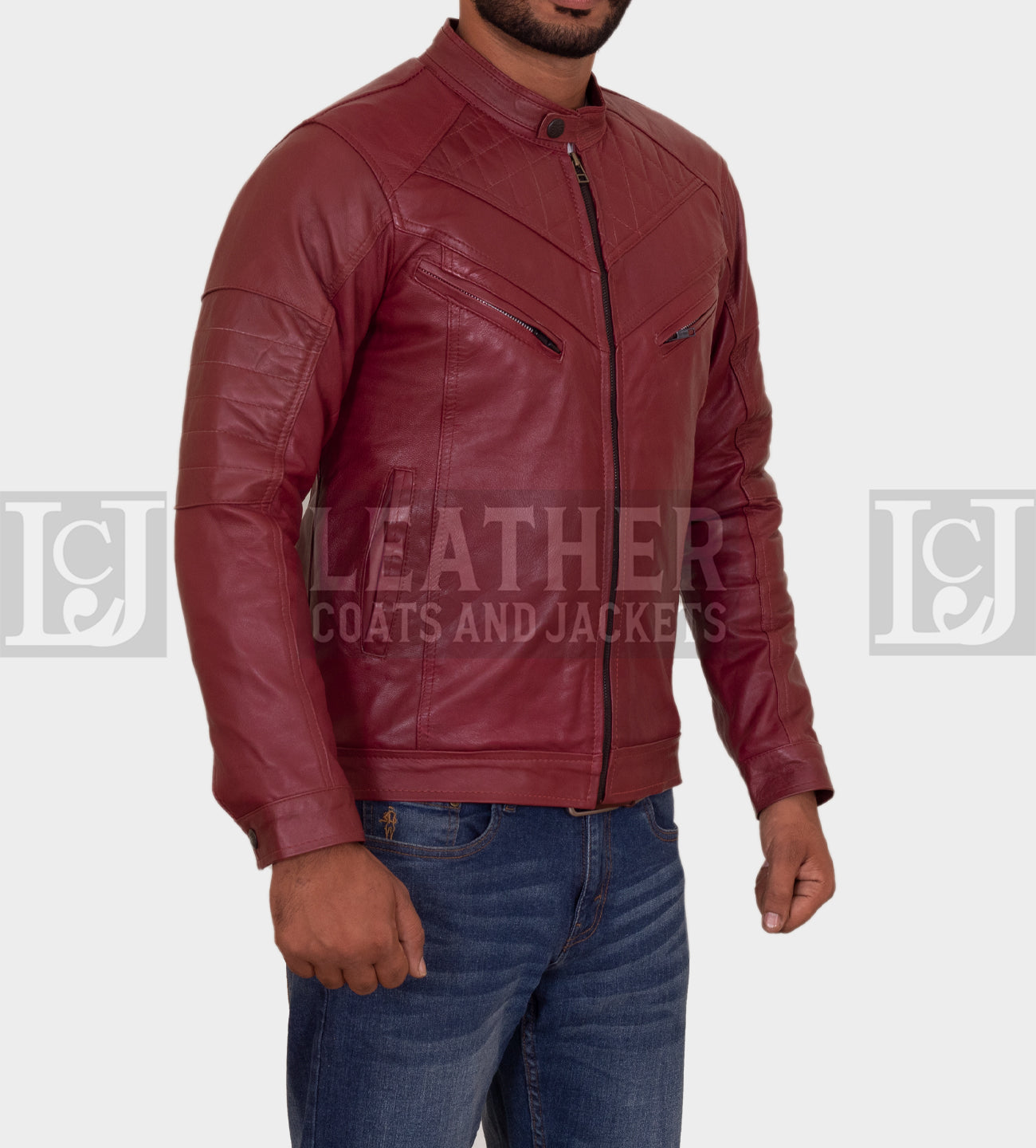 Men's Maroon Quilted Leather Jacket with Snap Collar and Zipper Pockets