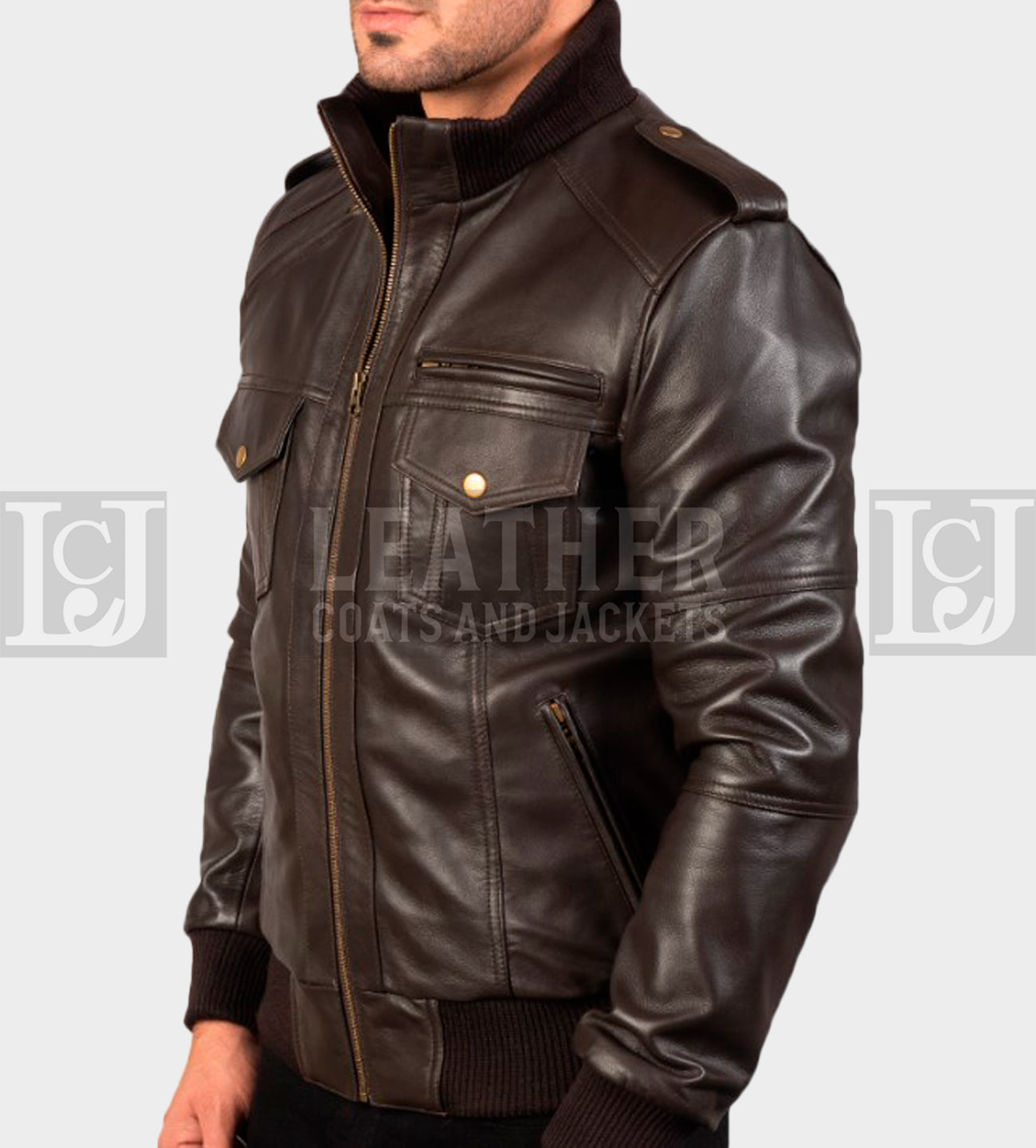 Men's Chocolate Brown Leather Bomber Jacket with Ribbed Collar and Hem