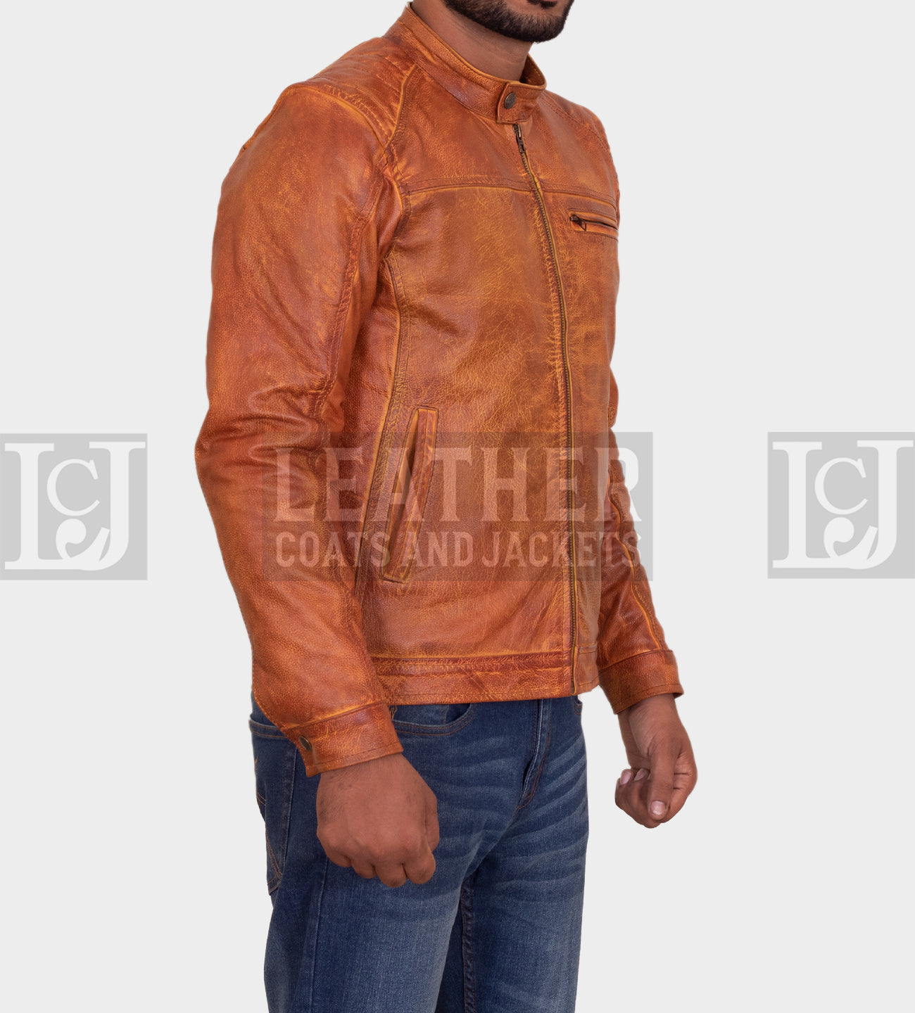 Men's Distressed Vintage Tan Leather Jacket - Stylish Cowhide Design