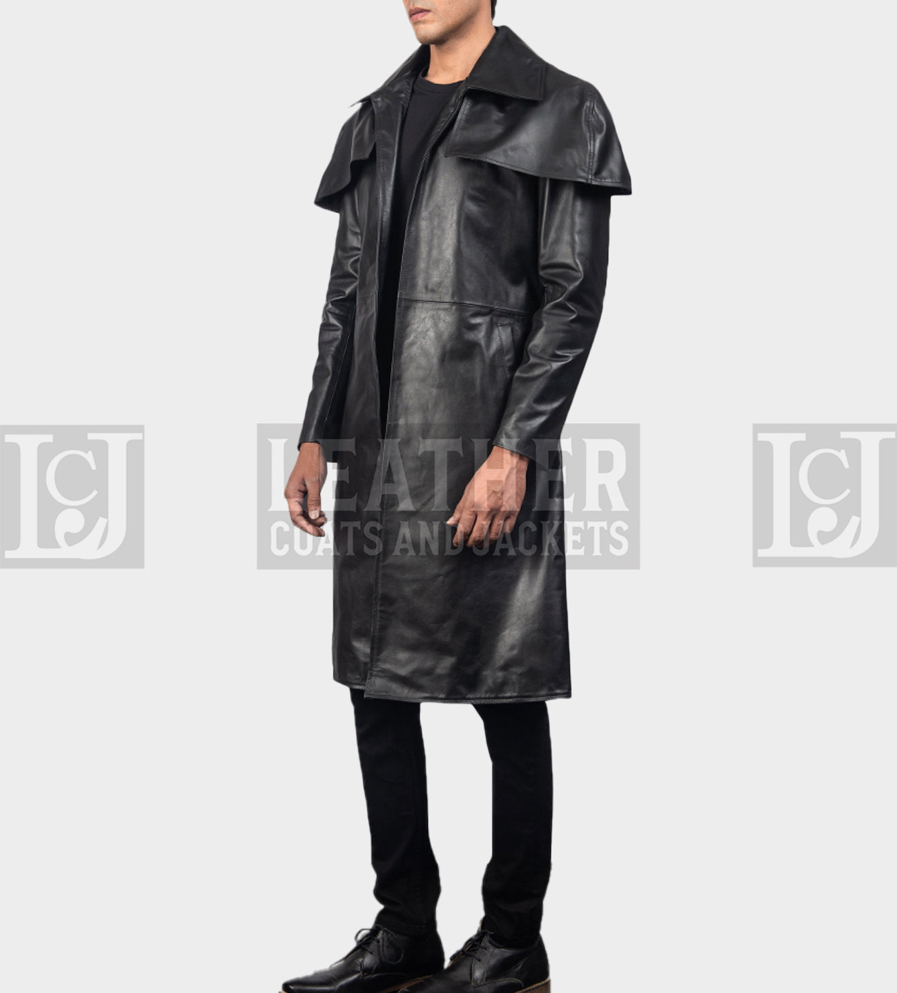 Men's Long Black Leather Coat - Stylish Semi-Aniline Duster