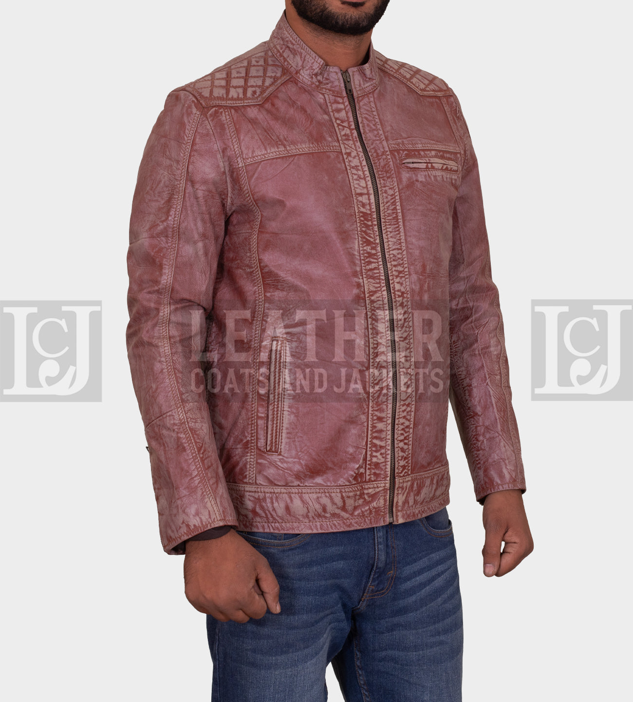 Men's Distressed Brown Leather Jacket with Quilted Detailing