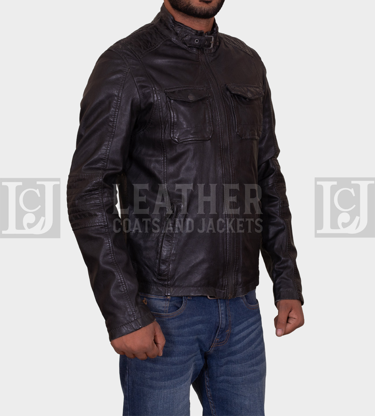 Men's Black Leather Jacket with Buckled Neck Straps and Quilted Detailing