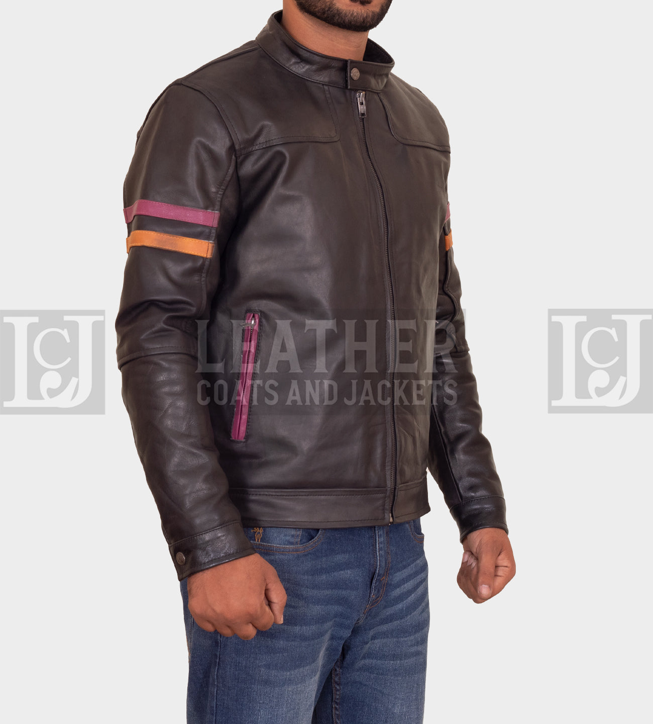 Men's Black Leather Jacket with Maroon & Orange Stripes