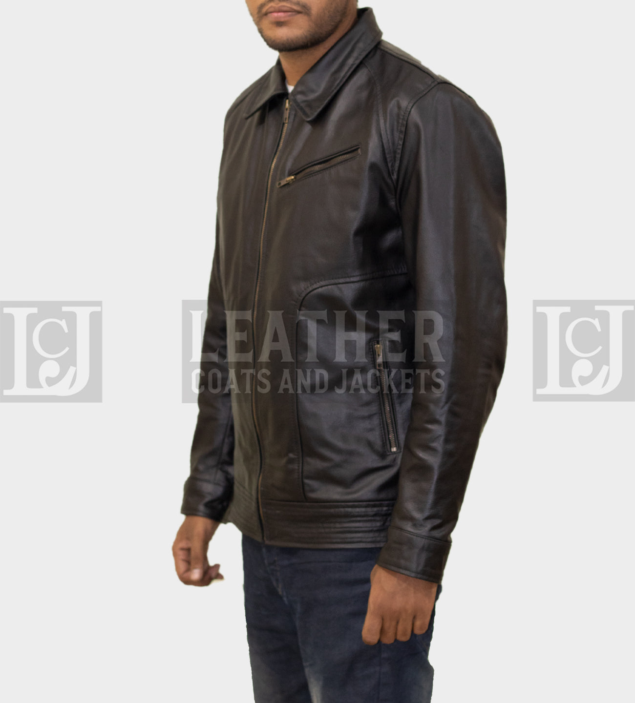 Men's Black Leather Jacket - Classic Collar Style in Genuine Cowhide