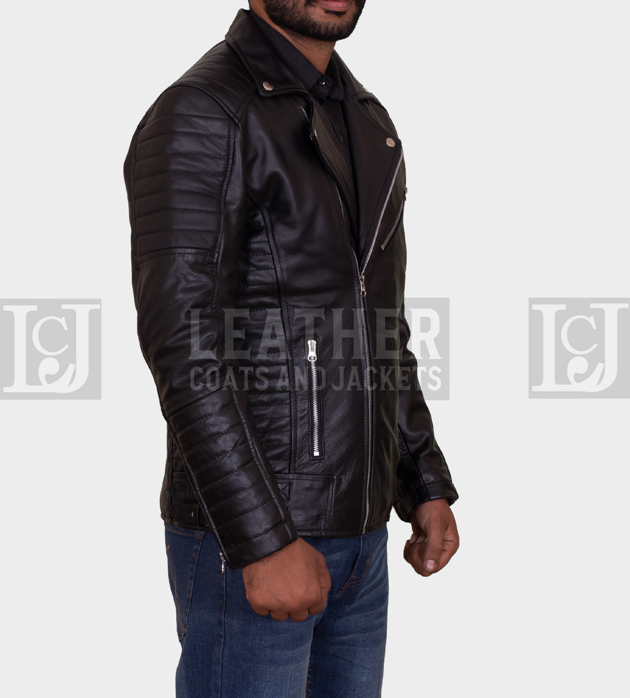 Black Quilted Leather Jacket with Asymmetrical Zipper Design