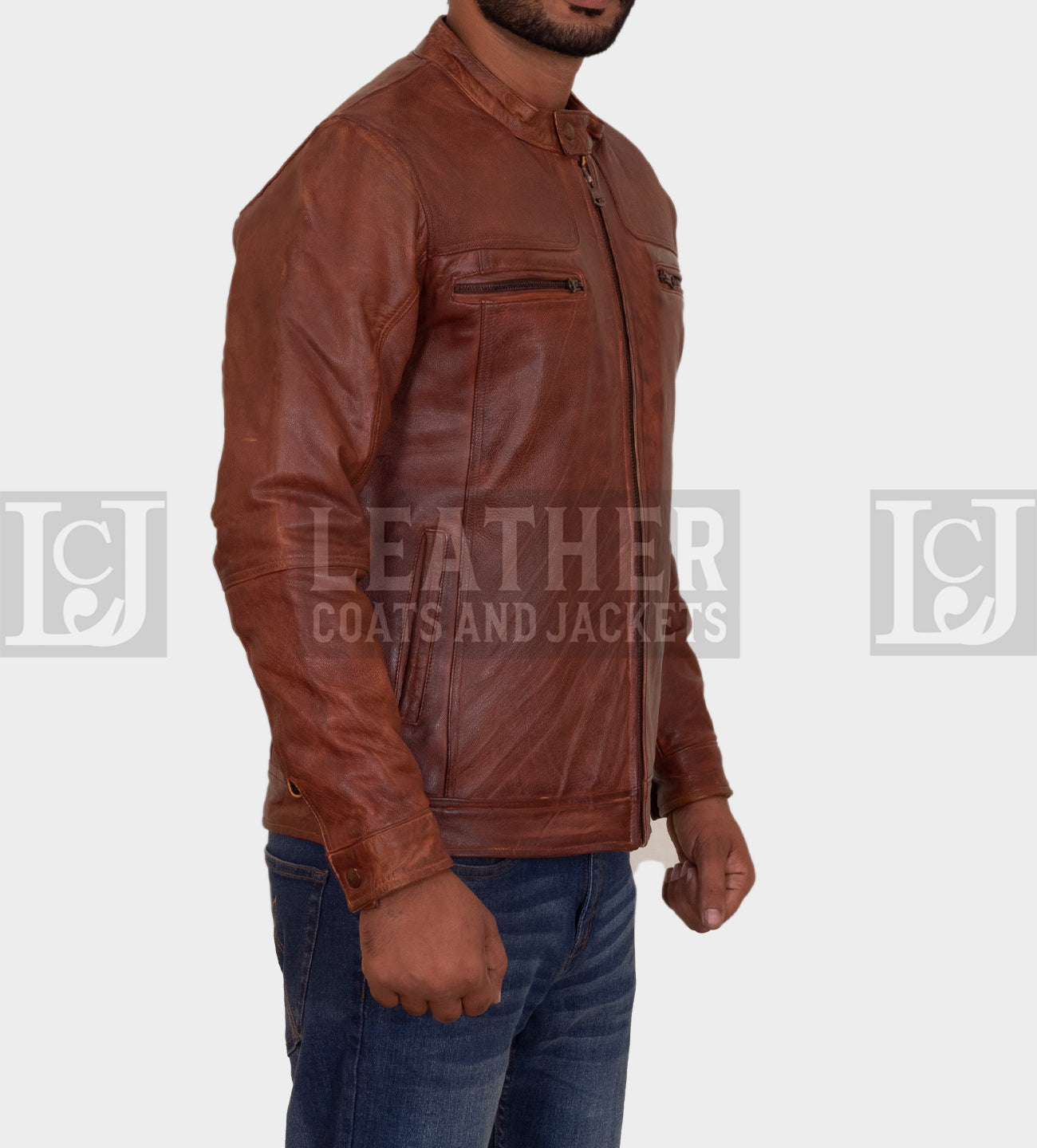 Men's Brown Leather Jacket - Double Chest Zipper Design in Genuine Cowhide